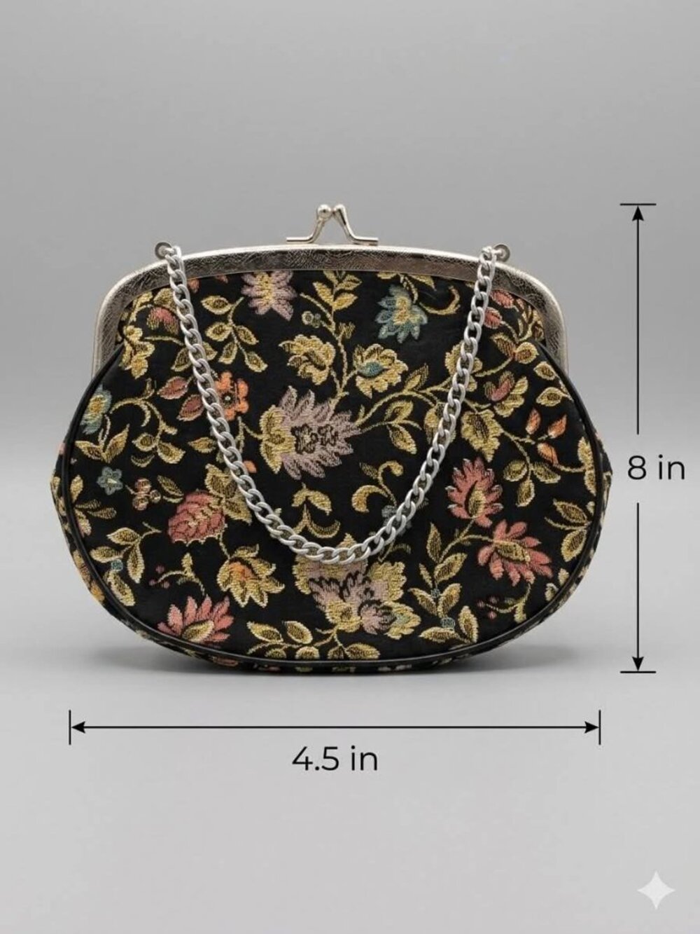 Vintage Floral Tapestry Kiss Lock Purse Clutch Handbag Chain Strap Black #265 - Picture 2 of 3